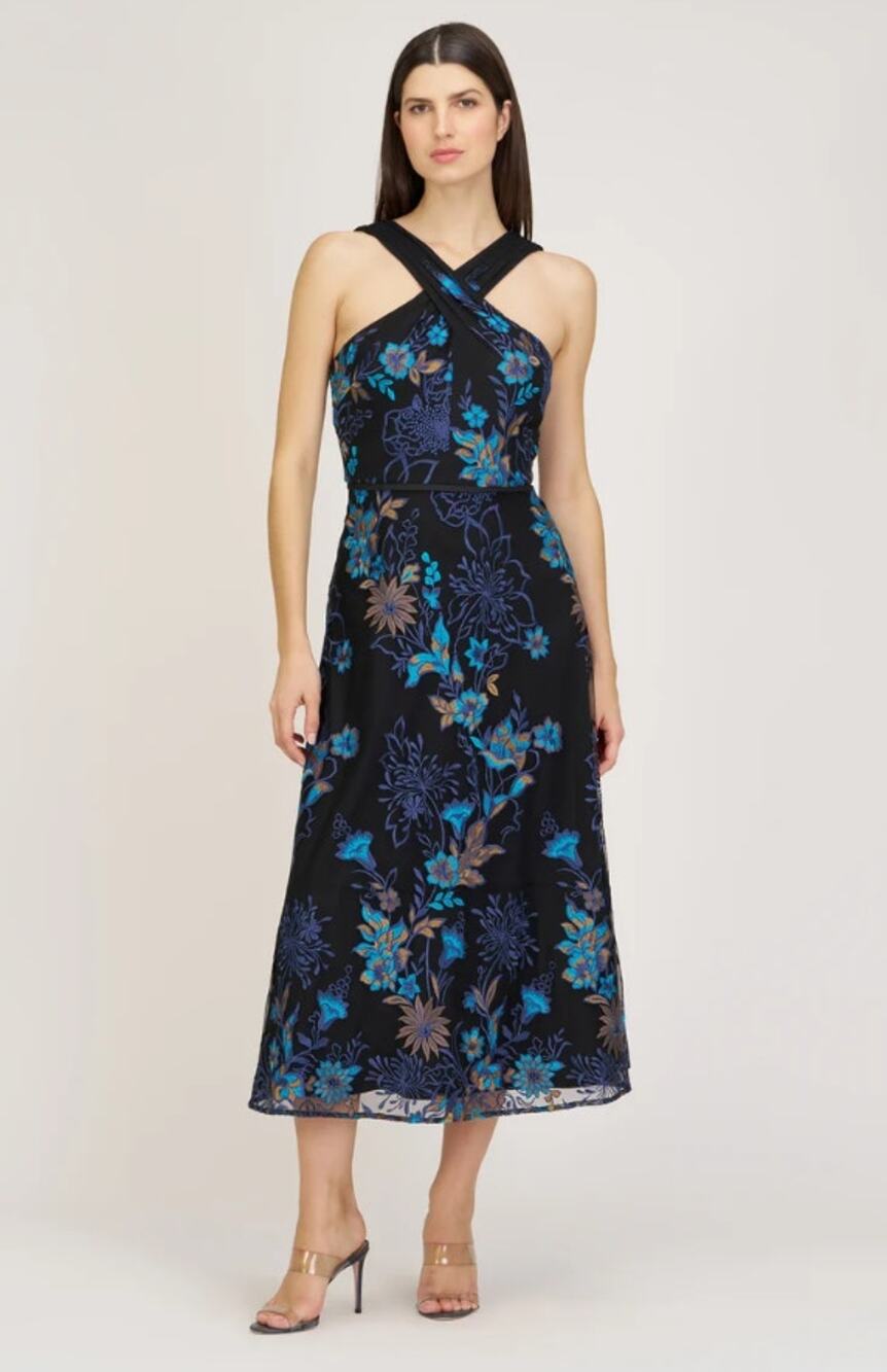 NWT JS Collections Maggie Halter Cocktail Dress Black Multi Size 14
